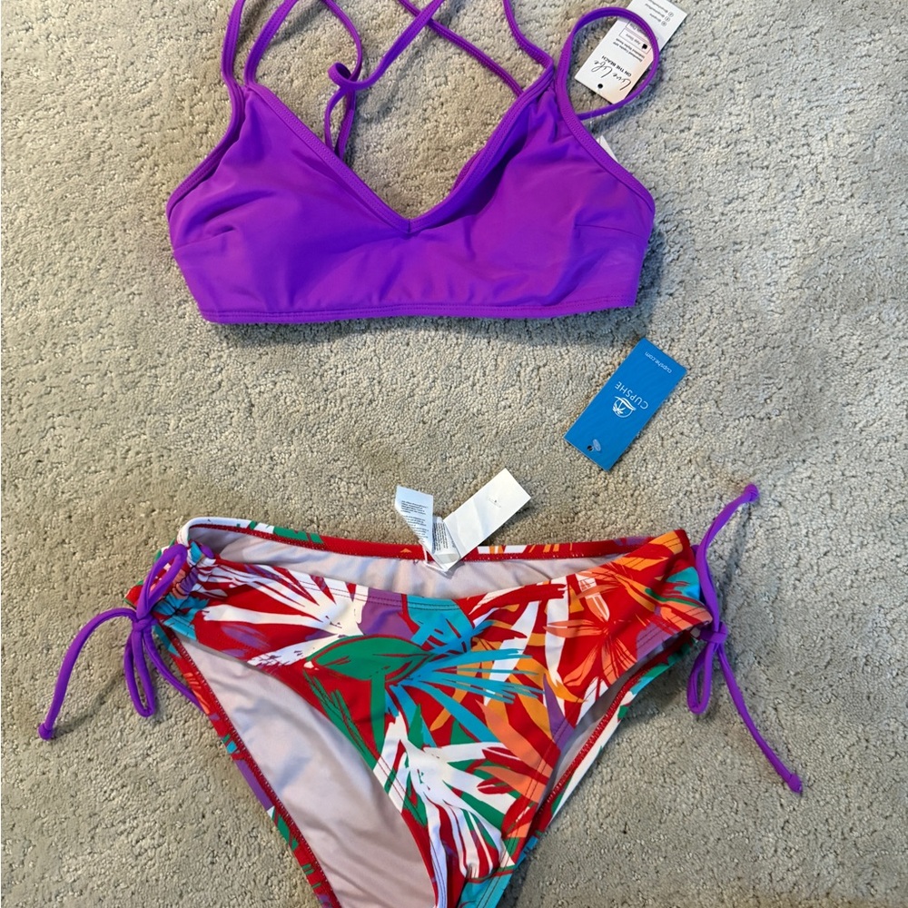 Cupshe Purple Bikini Top with Tropical Print Bottoms